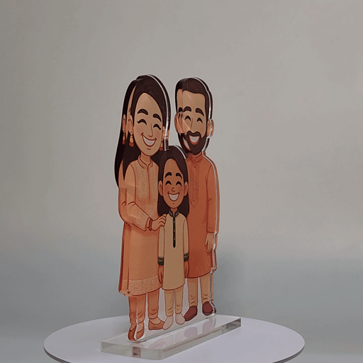 Personalized family of three acrylic standee held in hand against a cozy living room background, custom family illustration gift from Lovkart.
