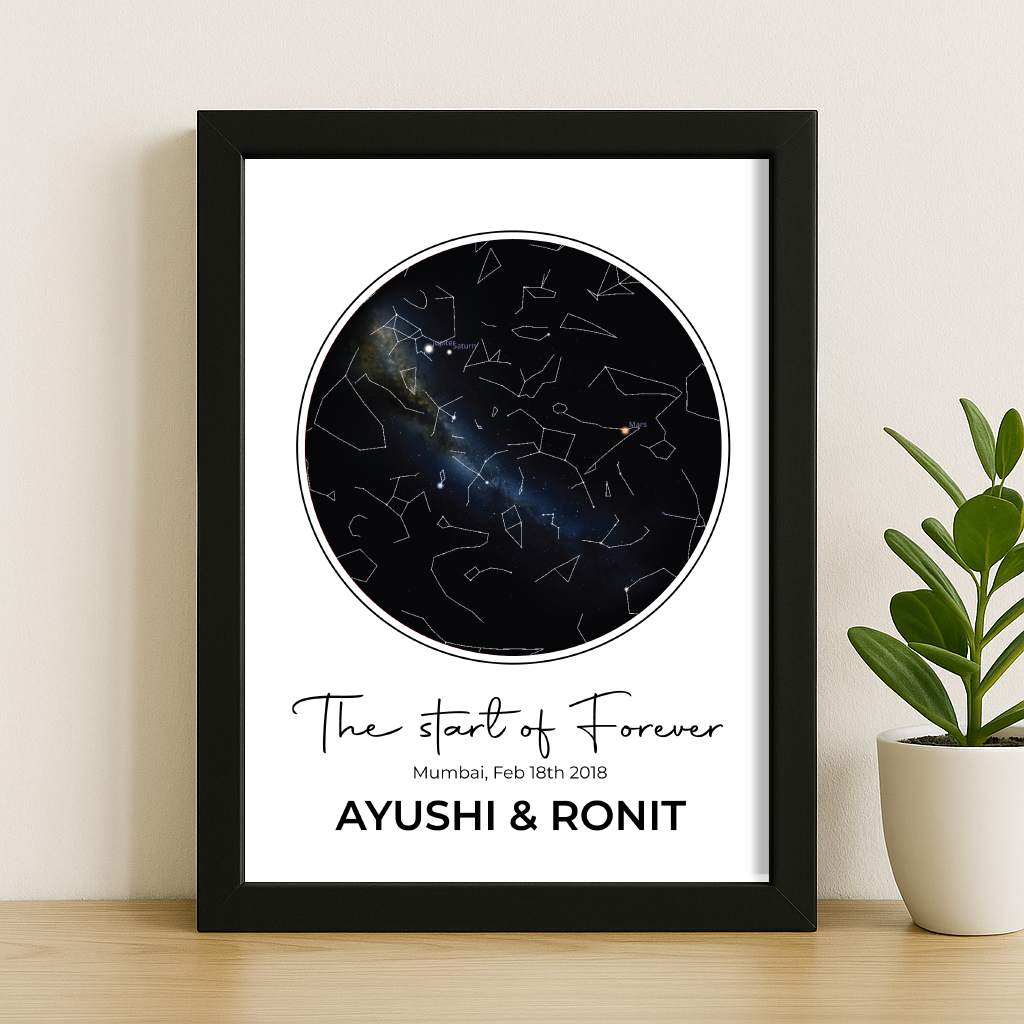 Framed personalized star map showing the night sky constellation for Ayushi and Ronit, titled The Start of Forever.
