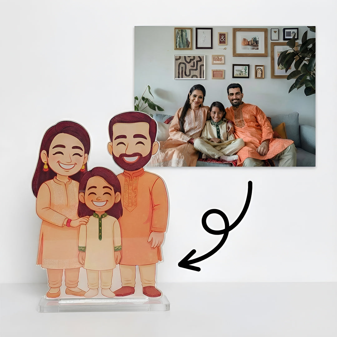 Custom family acrylic standee by Lovkart showing the transformation from a real family photo into a personalized hand-drawn cartoon illustration