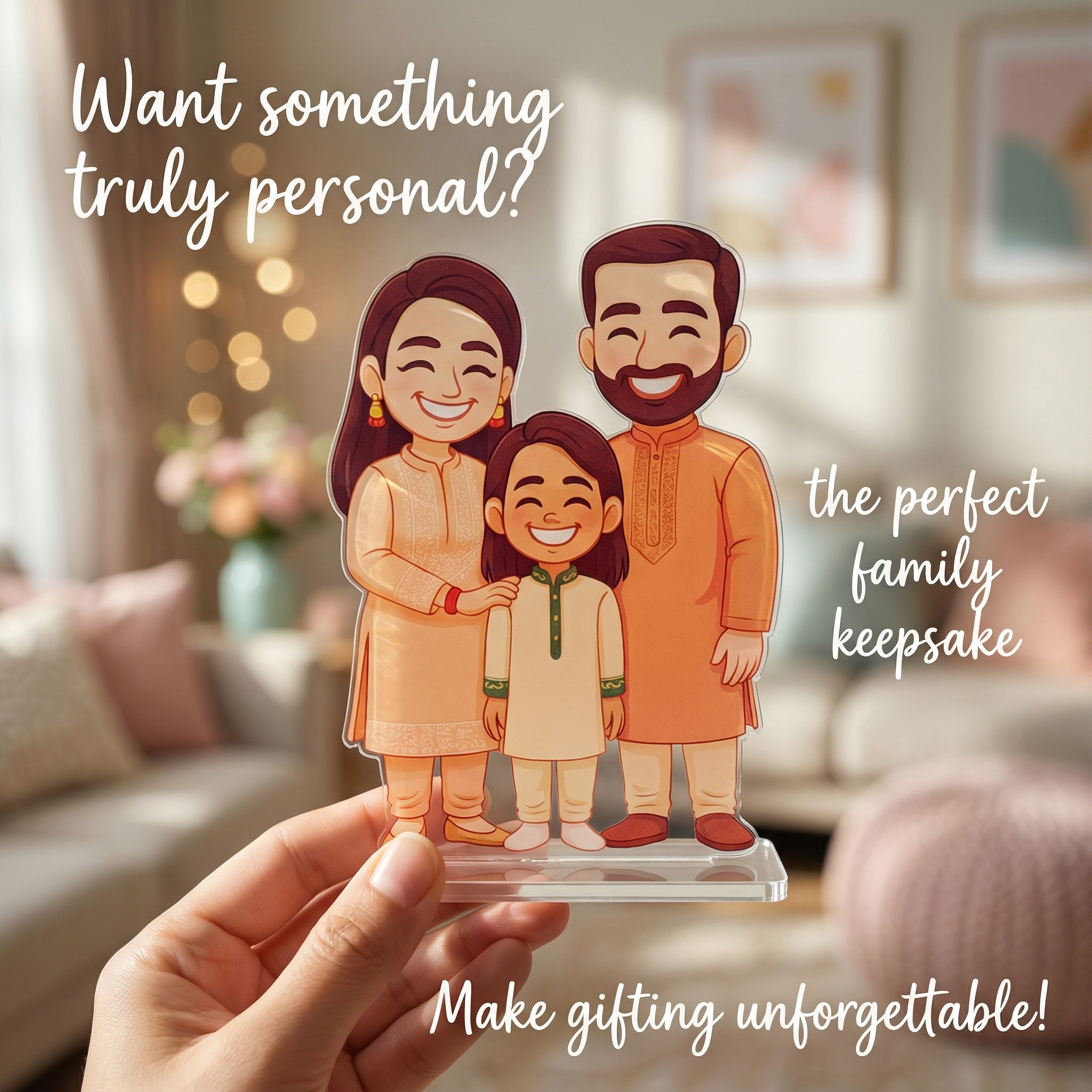 Personalized family of three acrylic standee held in hand against a cozy living room background, custom family illustration gift from Lovkart.