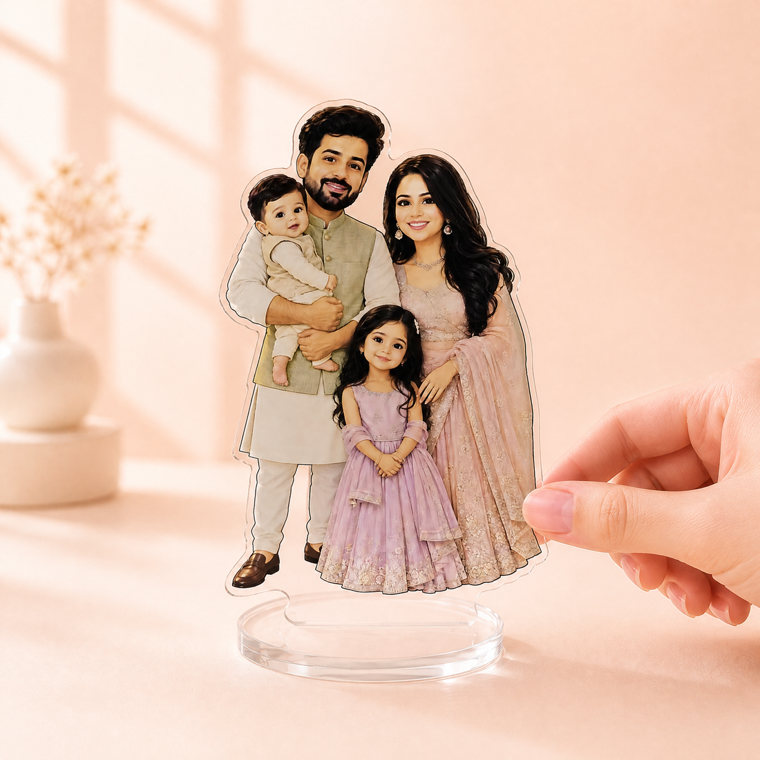 Personalised chibi family of 4 acrylic standee on a clear round base