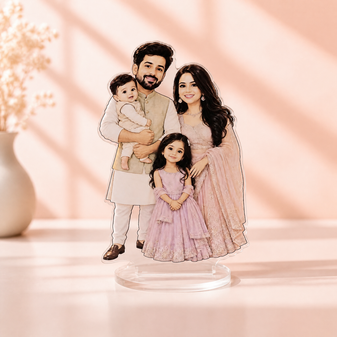 Personalised chibi family of 4 acrylic standee on a clear round base