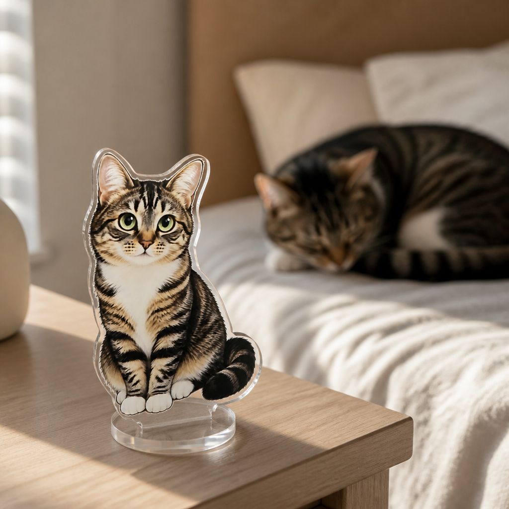 Pet chibi cat standee on a bedside table with a cat asleep behind it