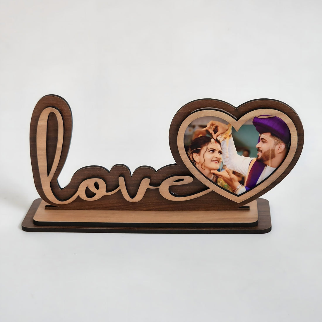 Personalised wooden love heart photo frame with couple photo, front view